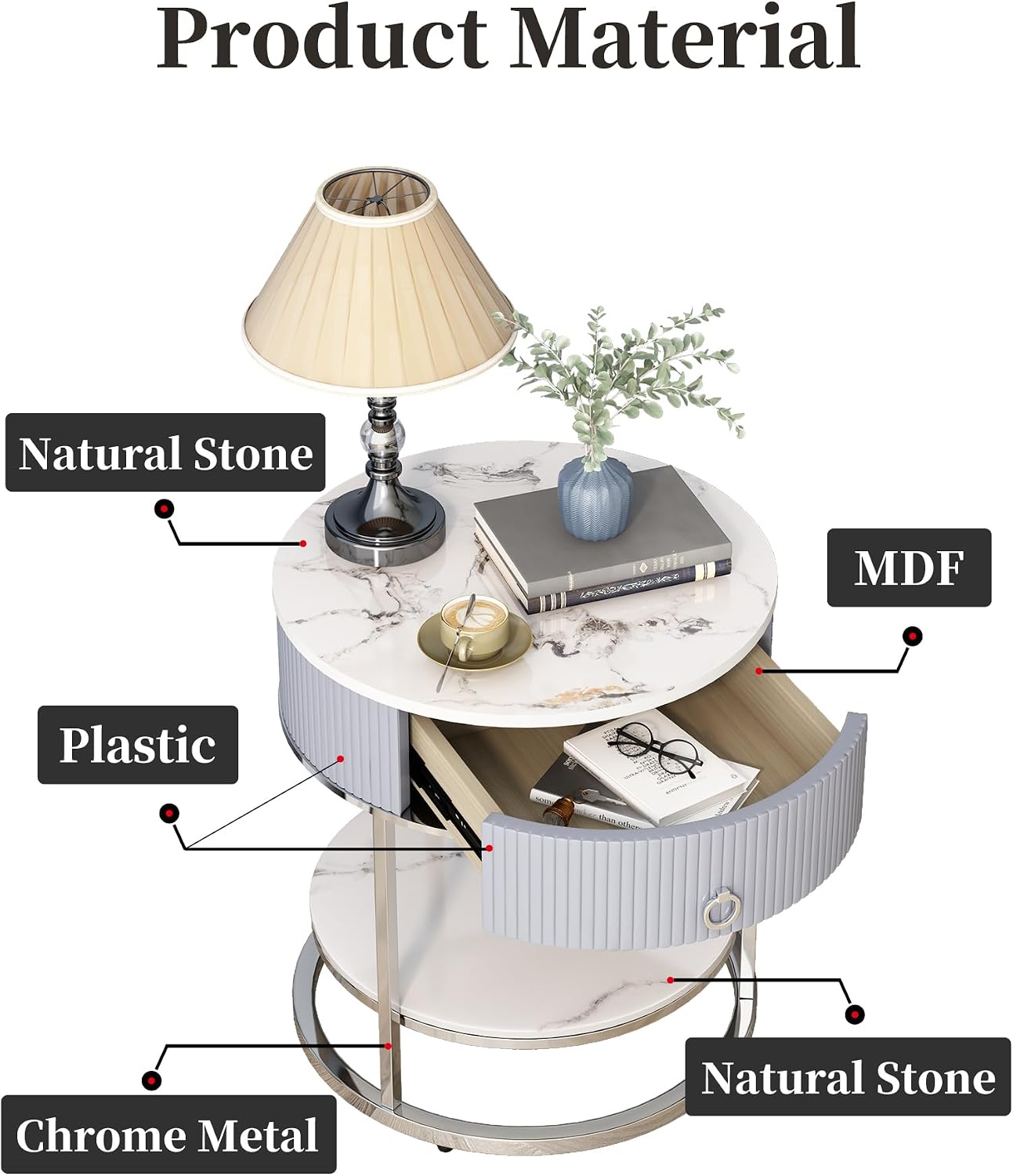 OIOG Modern End Table with Drawer, 2 Tier Side Table with Shelf, Round Nightstand with Sintered Stone Tabletop and Chrome Legs for Living Room, Bedroom, Home Office, Dorm, Silver
