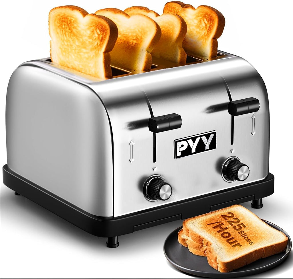PYY Professional Commercial Toaster 4 Slice - 1800W Stainless Steel Heavy Duty Toaster, 6 Browning Levels, 1.57' Wide Slots, Removable Crumb Tray for Bagels Bread Waffles (Commercial & Home Use)