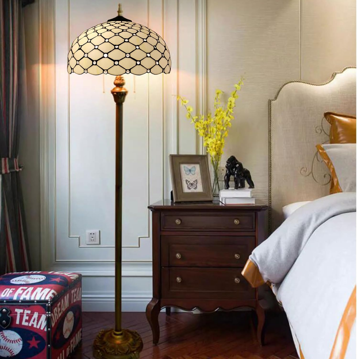 Tiffany Style Cream Amber Stained Glass Bead Lamp Shade Replacement Only 16X9 Inch Lampshades Only with Cap Fit for Bedside Reading Lamp Study Light Kitchen Lamp Dining Room Lamp Floor Lamp