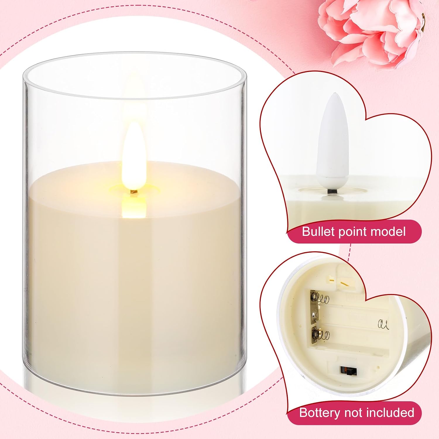 Yunlly 36 Pcs Rose Candle Rings with Flameless Candles Sets, Artificial Flower Eucalyptus Wedding Centerpiece 3 Inch Pillar Candleholders Wreaths for Wedding Party Mother's Day (Red)