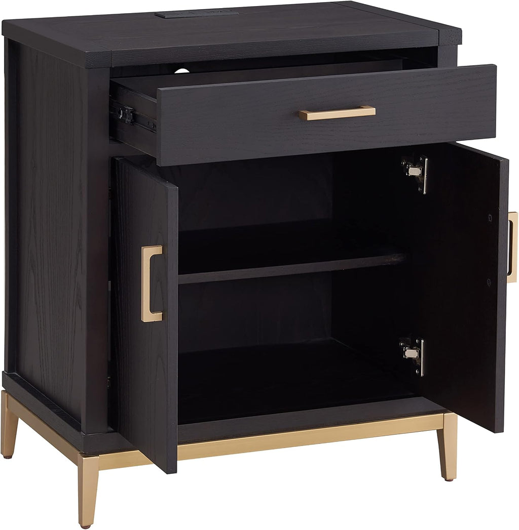 Leick Home Julien Nightstand Side Table One Drawer and Lower Cabinet Modern – Fast Charging Station – Durable Solid Wood – Living Room, Bedroom, Office, Black with Gold Trim, 9079–BLKGD