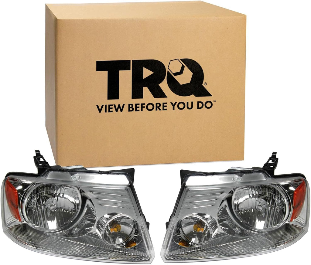 TRQ 2 Piece Headlight Assembly Set Chrome Bezel Driver & Passenger Side Compatible with Ford F150 2004-2008 Lincoln Mark LT 2006 FO2502201 FO2503201 7L3Z13008FA 7L3Z13008GA