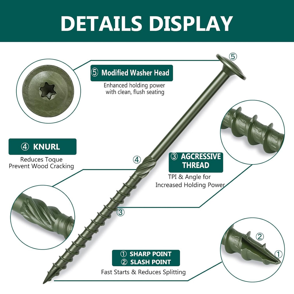 5/16 x 16.5 inch Heavy-Duty Wood Screws, Long Construction Screws for Structural Timber, Exterior Green Coated Rust-Resistant(1500-Hour Tested) Lag Screws for Deck Framing & Fence, Torx Drive 30 PCS