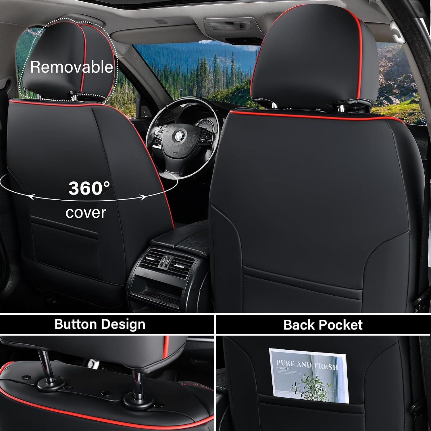 Coverado Car Seat Covers Full Set, 5 Piece Car Seat Protector with Removable Headrest, Nappa Leather Breathable Front Rear Seat Cushion Side All Wrapped Universal Fit Truck Most Cars Black & Red