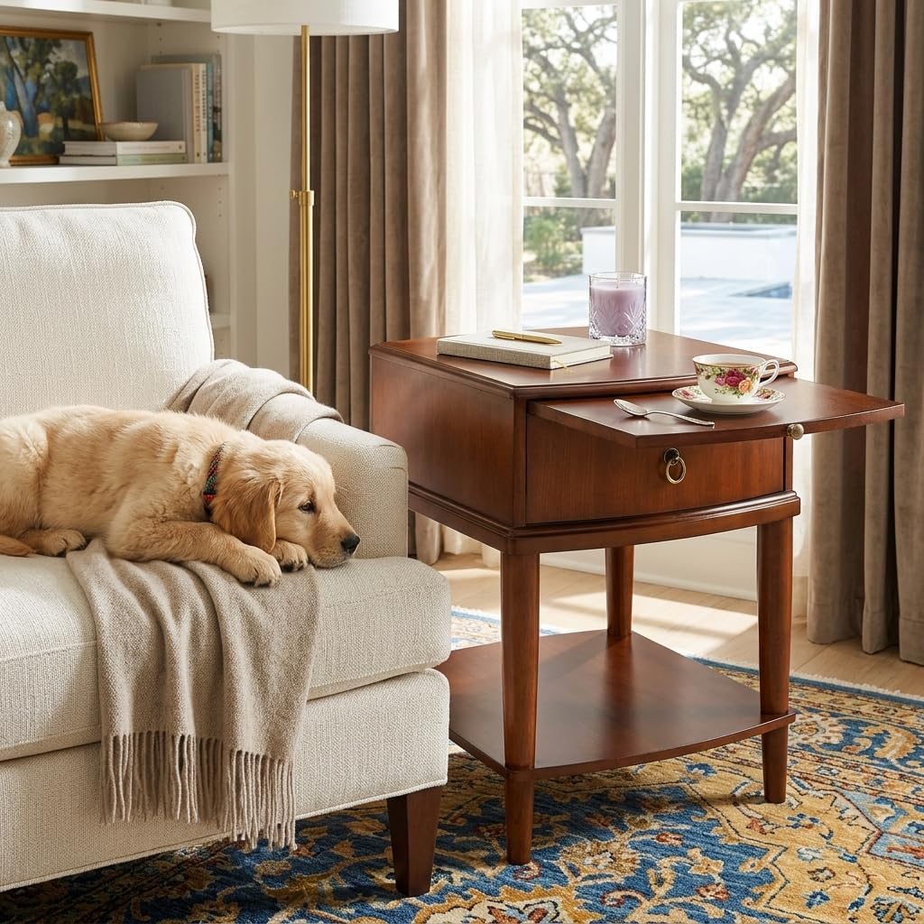 Set of 2Wood Side End Table with Tray Extension and Storage Drawers,Sofa Side Table with Round Legs,No-Tools Assembly,Telephone Table for Living Room,17.7'L x 19.7'W x 22.8'H Beeswax CJZ-A1569-MG
