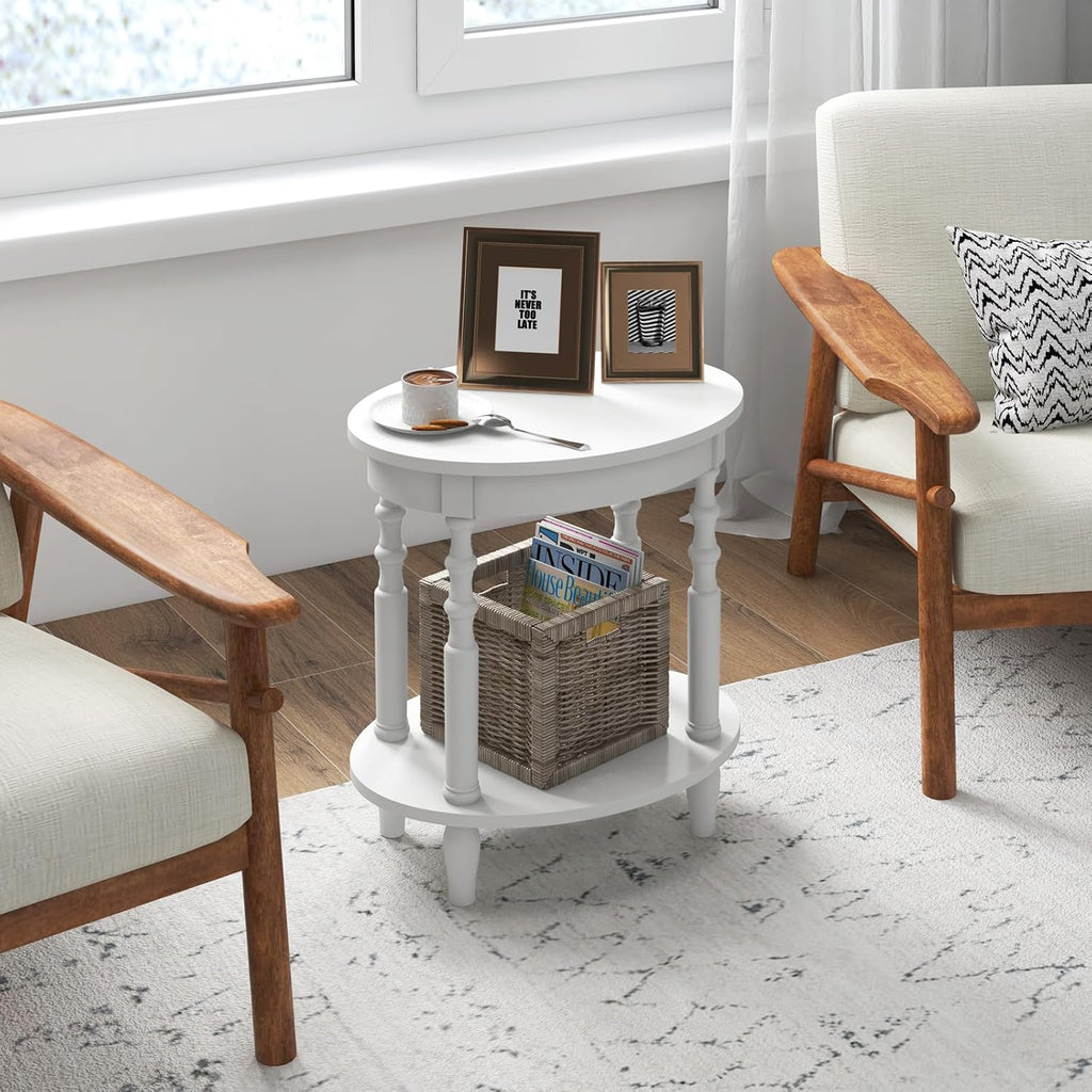 Giantex Oval End Tables Set of 2, 2-Tier Side Tables with Storage Shelf & Solid Wood Legs, Modern Living Room Accent Table, Wood Nightstand for Bedroom, Small Space, 20.5'L x 15.5'D x 24.5'H, White