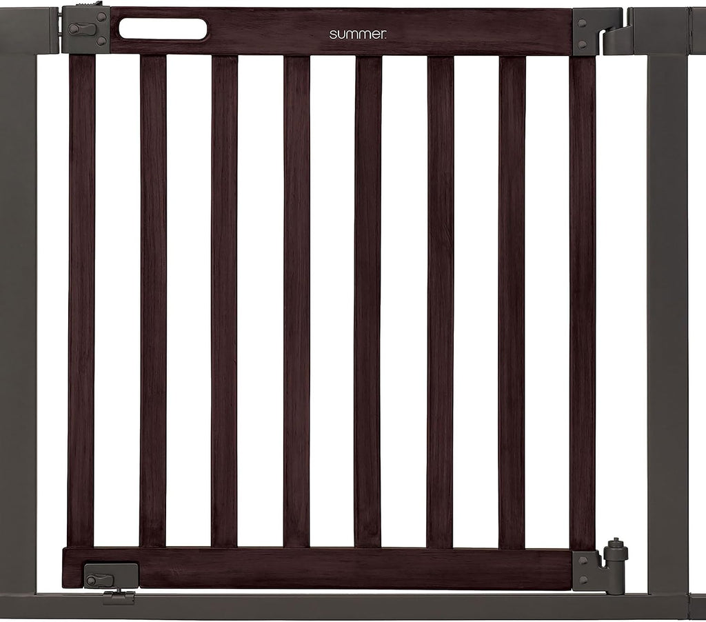 Summer Infant West End Safety Baby Gate, Dark Walnut Stained Wood with Charcoal Metal Frame – 30' Tall, Fits Openings up to 36' to 60' Wide, Baby and Pet Gate for Wide Spaces and Open Floor Plans