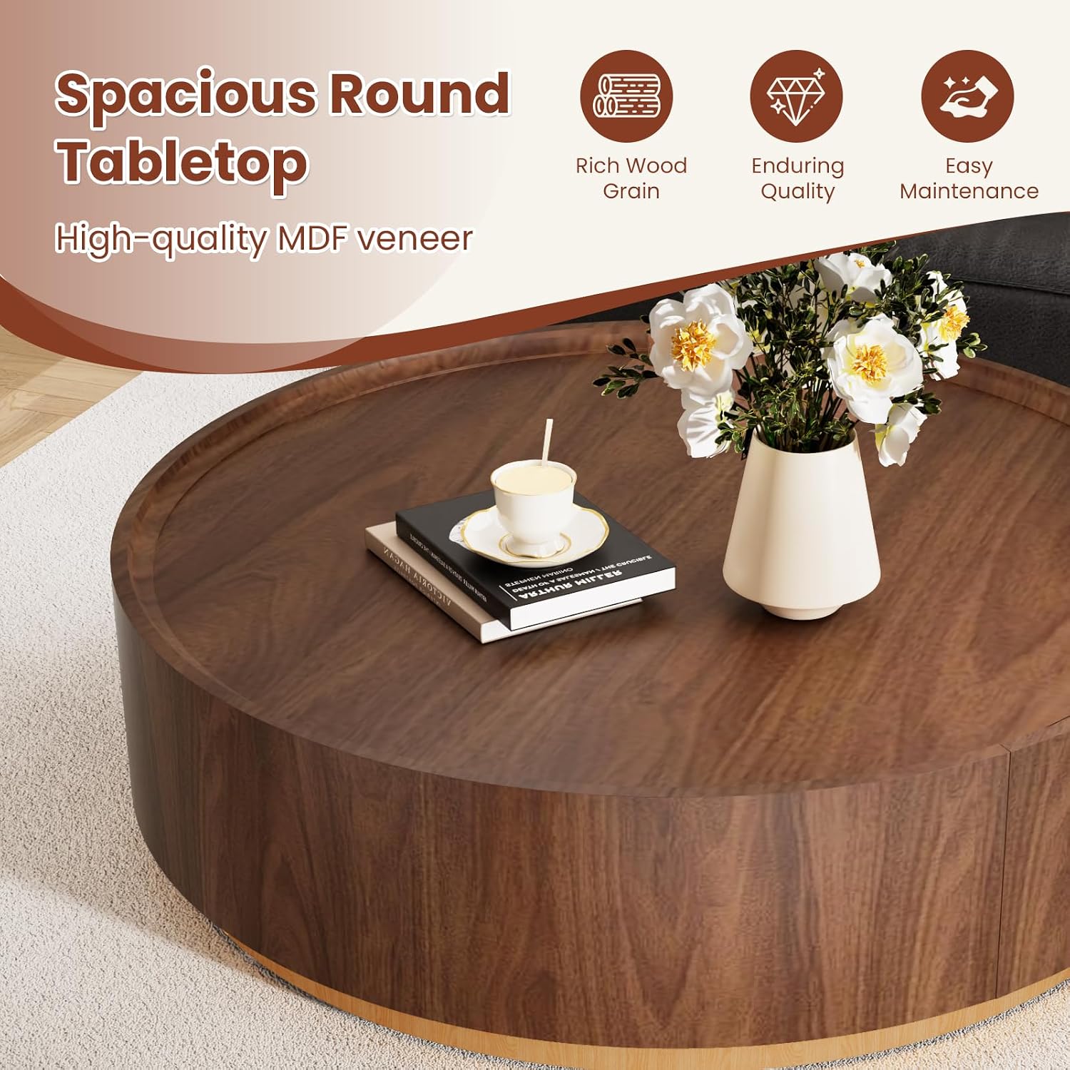 35.4' Round Coffee Table with Storage, Mid Century Modern Coffee Table with Hidden Drawer, Wooden Circle Center Tables, Drum Accent Tea Tables for Living Room Small Spaces (Walnut with Drawer)