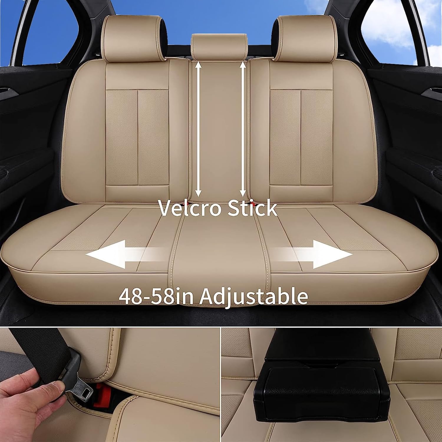 Coverado Universal Seat Covers Full Set, 5 Seats Universal Seat Covers for Cars, Waterproof NAPPA Leather Car Seat Covers with Head Pillow, Seat Protectors Fit for Most Sedans SUV Pick-up Truck, Beige