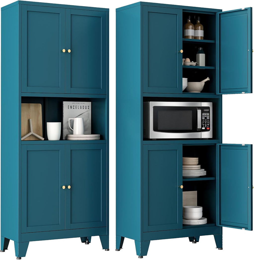 69' Tall Pantry Cabinet with Open Shelf,13.78'Deep By 28' Wide Storage Cabinet with Doors and Adjustable Shelves,Microwave Stand,for Kitchen Dining Room Living Room Bathroom,Teal Blue,1Pc