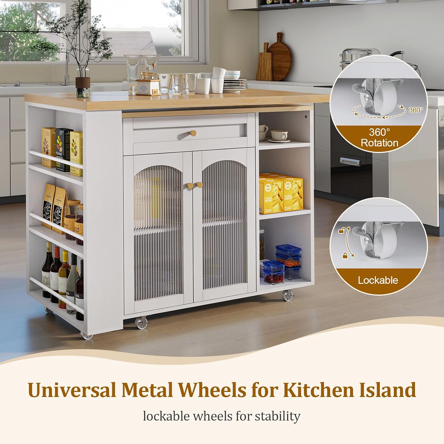 LYNCOHOME 71.1' Rolling Kitchen Island with 360° Rotating Tabletop, Mobile Lockable Wheels & Adjustable Shelves, Multifunctional Storage Cart for Kitchen & Dining（White）