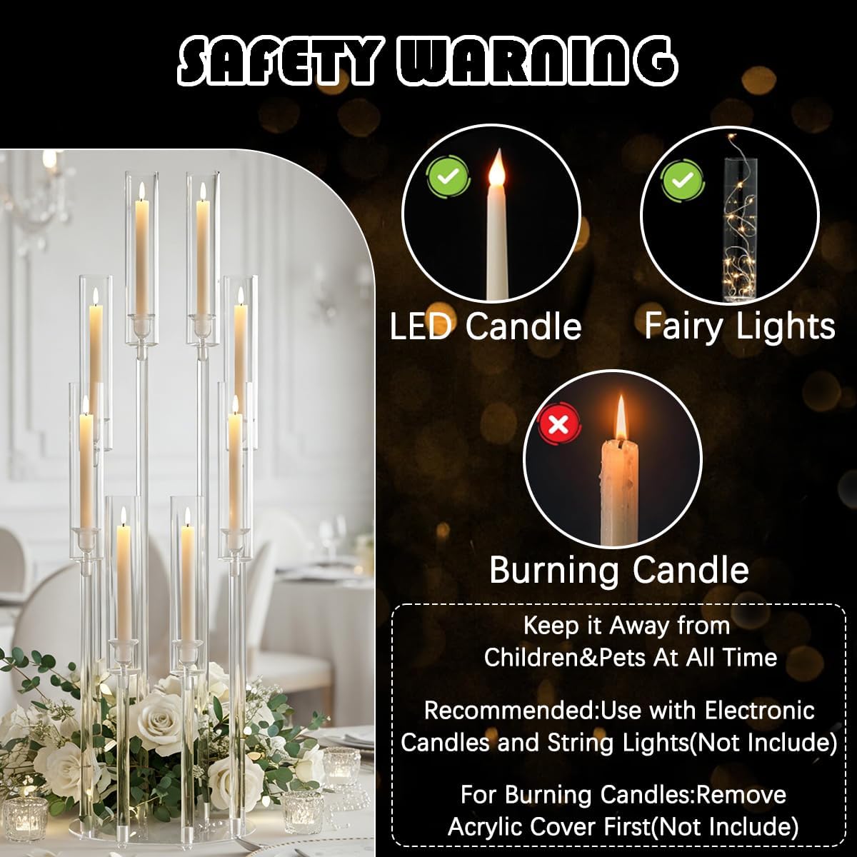 4PCS 8 Arms Clear Candelabra Candle Holder for Wedding Decorations,38.5 inches Tall Arcylic Candlesticks Holder with Shade for Table Dinner Party Valentines Day Fireplace Decoration