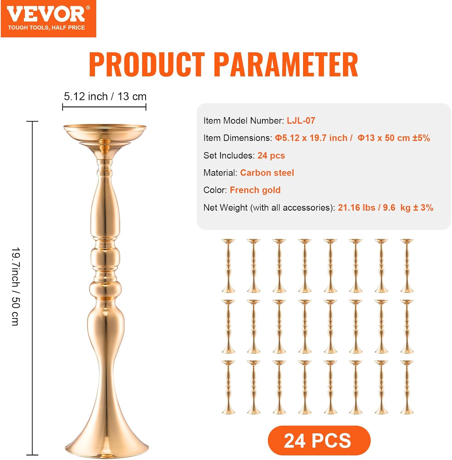 VEVOR 24PCS 50cm/19.7' Tall Wedding Flower Vase, Metal Wedding Centerpiece, Gold Floral Arrangement Stand Display Rack for Tables Wedding Dinner Party, Anniversary Ceremony Birthday Event Decor