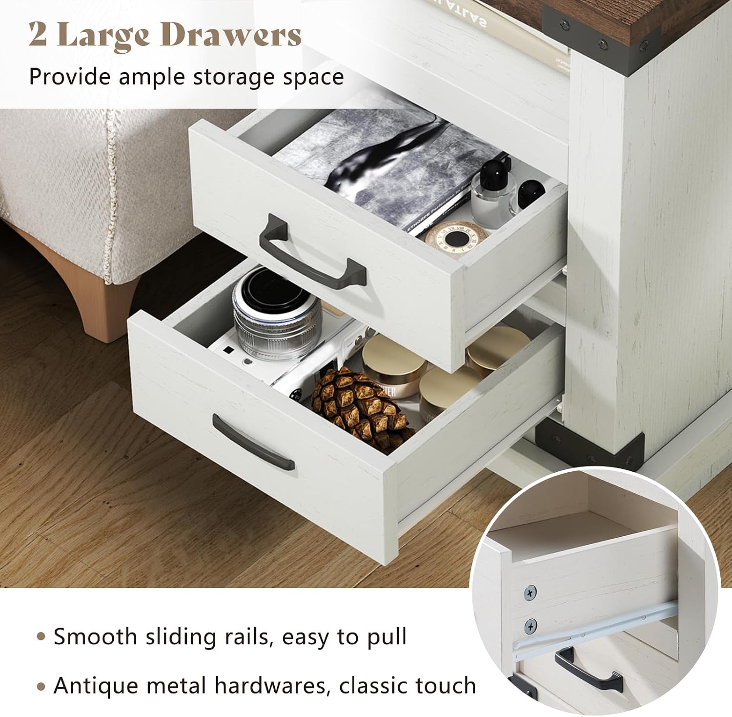 AMERLIFE Farmhouse End Table with Charging Station, 18' Wood Rustic Night Stand with 2 Storage Drawers, Heavy Duty Bedside Sofa Side End Tables for Bedroom, Living Room, Antique White