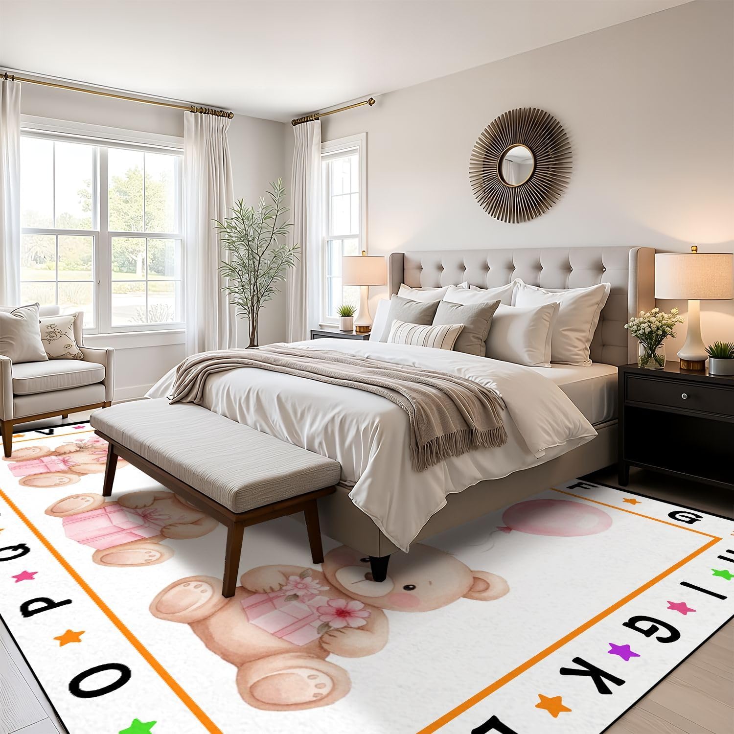 10x14 Kids Learning Rug Washable Area Rugs Set Teddy Bears Pink Balloon Party Cute Baby Teddy Bear Alphabet ABC Learning Carpet Soft Rubber Backed Non-Slip Carpets for Classroom Preschool Nursery