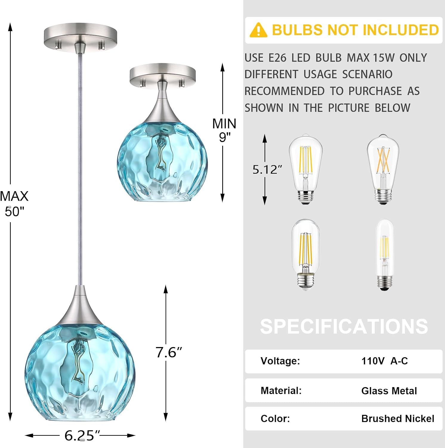 6.3' Blue Texture Glass Pendant Light 3 Pack Pendant Ceiling Light Fixture Brushed Nickel Finish Modern Farmhouse Dinning Over Sink Adjustable Height Cord