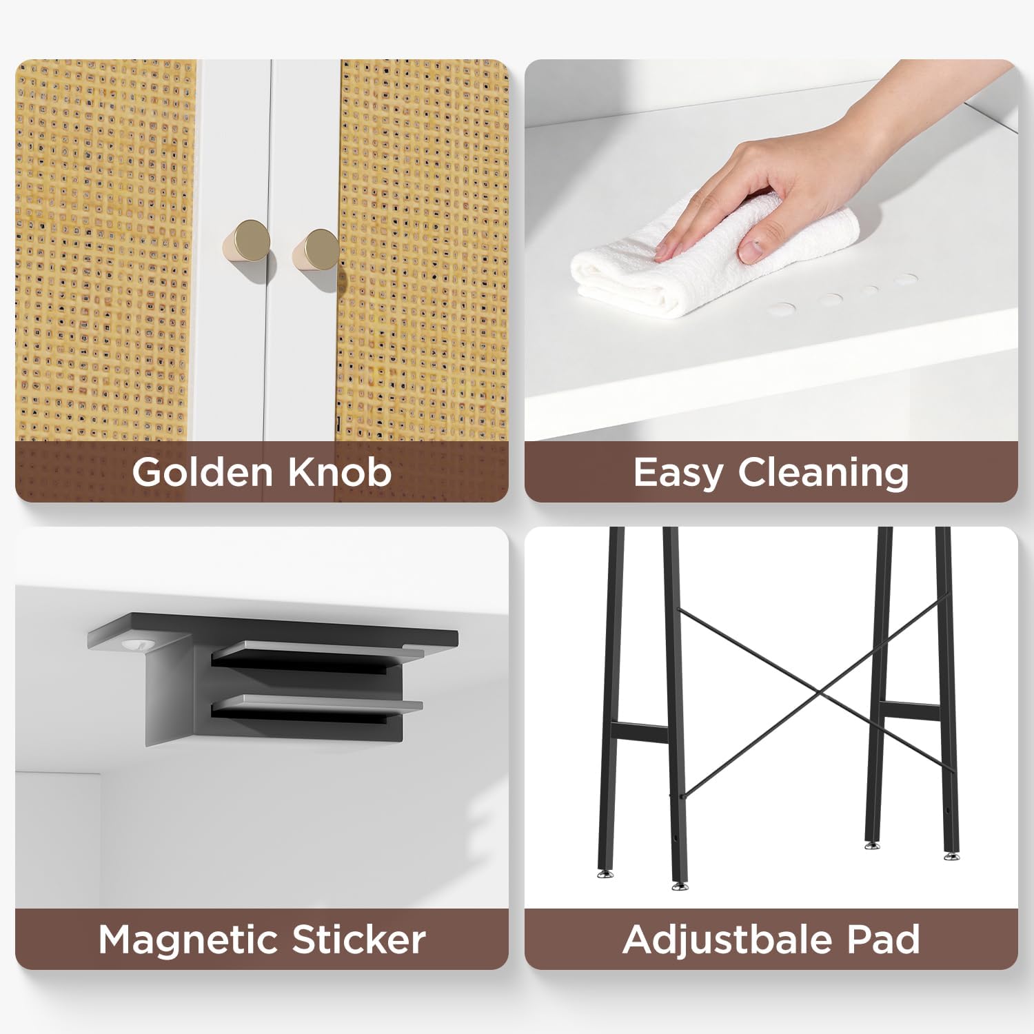 Rattan Over The Toilet Storage Cabinet, Bathroom Organizers and Storage Over Toilet with Rattan Door and Metal Stand, Tall Storage Shelves Above Toilet, Wood Rack for Restroom, Laundry, White
