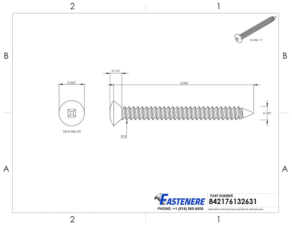 #10 x 2 Oval Head Sheet Metal Screws, Square Drive, Stainless Steel 18-8, Full Thread, Bright Finish, Self-Tapping, Type A, Quantity 2500 By Fastenere