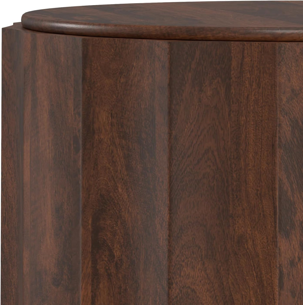 SIMPLIHOME Trenton Coffee Table - 32 inch Wide Solid Mango Wood Round Living Room Table in Walnut Brown, Contemporary Sculpted Drum Center Table for Family Room with Scalloped Edge, Assembled