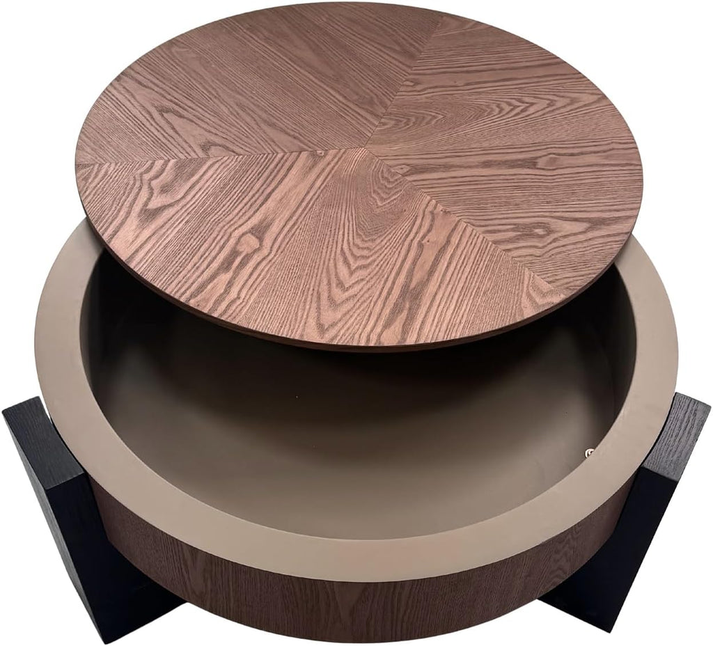 33'' Round Coffee Table with Hidden Storage, Modern Wood Veneer Top, 3 Block Legs Sturdy Center Accent Table for Living Room, Small Space, Walnut & Black