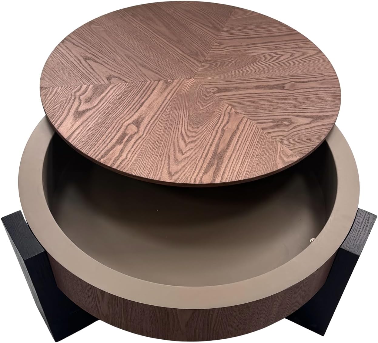 33'' Round Coffee Table with Hidden Storage, Modern Wood Veneer Top, 3 Block Legs Sturdy Center Accent Table for Living Room, Small Space, Walnut & Black