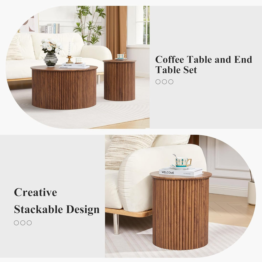 Fluted Round Nesting Coffee Table Set of 2, Mid Century Modern Wood Coffee Table and End Table Set, Minimalist Center Tables Circle Side Table for Living Room, Office(Walnut)