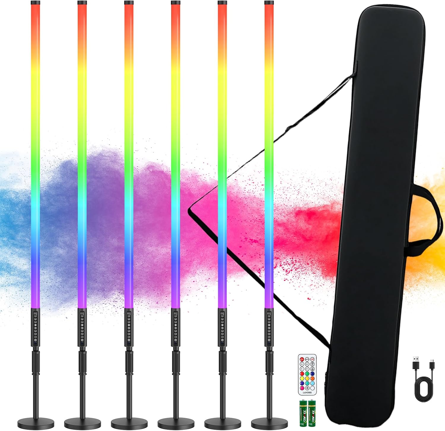 6Pack 4ft RGB Tube Light Portable 5000mAh Battery Powered with Stand Handheld Color Neon Light Bar LED Video Light with Bag for Photography DJ Dance Party Stage Painting Photo Booth Lighting