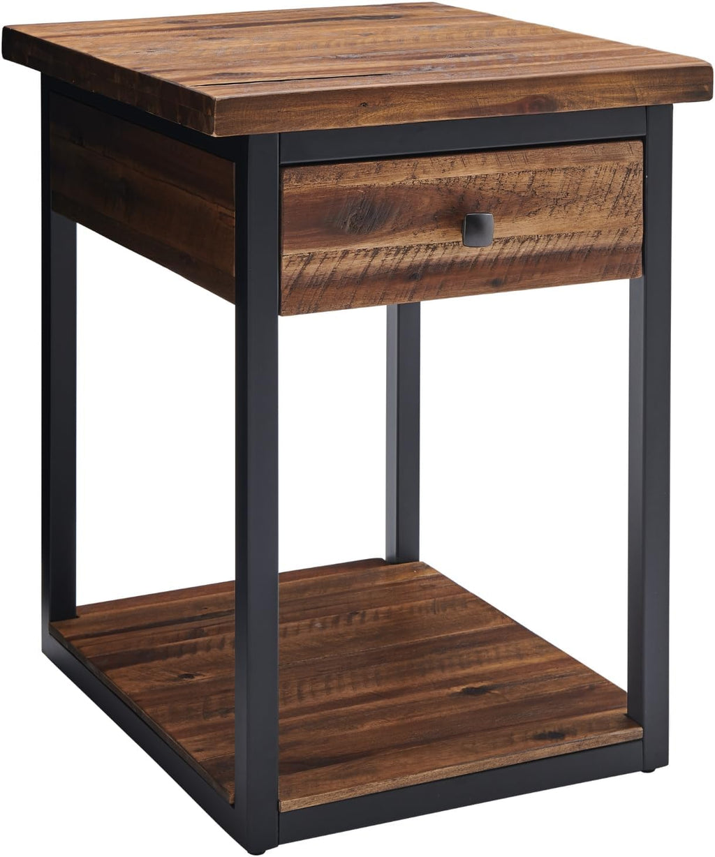 Claremont Rustic Solid Wood End Table with Drawer and Shelf – Farmhouse Accent or Nightstand with Natural Knots, Rough-Hewn Edges for Living Room or Bedroom by Alaterre Furniture (Dark Brown)