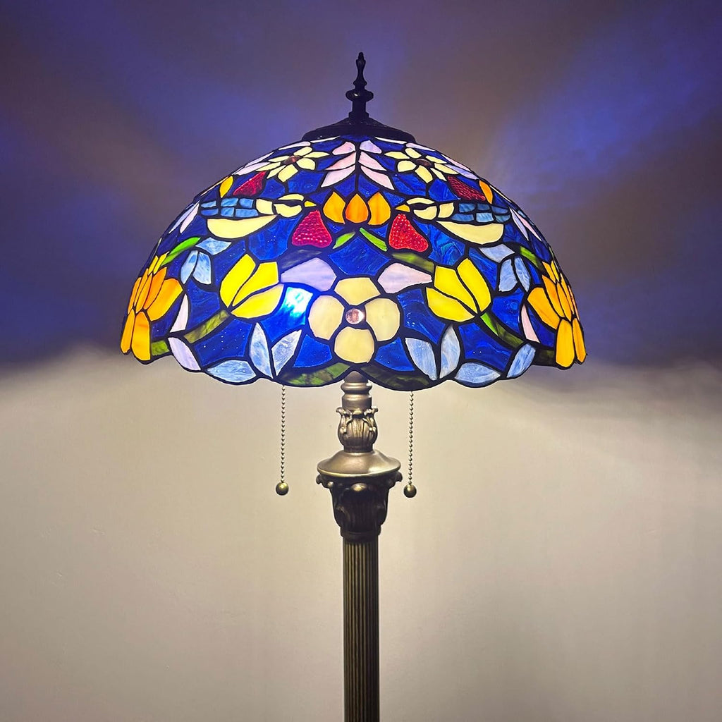 Tiffany Lamp Shade Replacement Only 16 Inch Stained Glass Bird Lampshades, Vintage Blue Beige Yellow Flower Light Cover for Table Lamp Floor Lamp Hanging Pendant lamp Ceiling Light