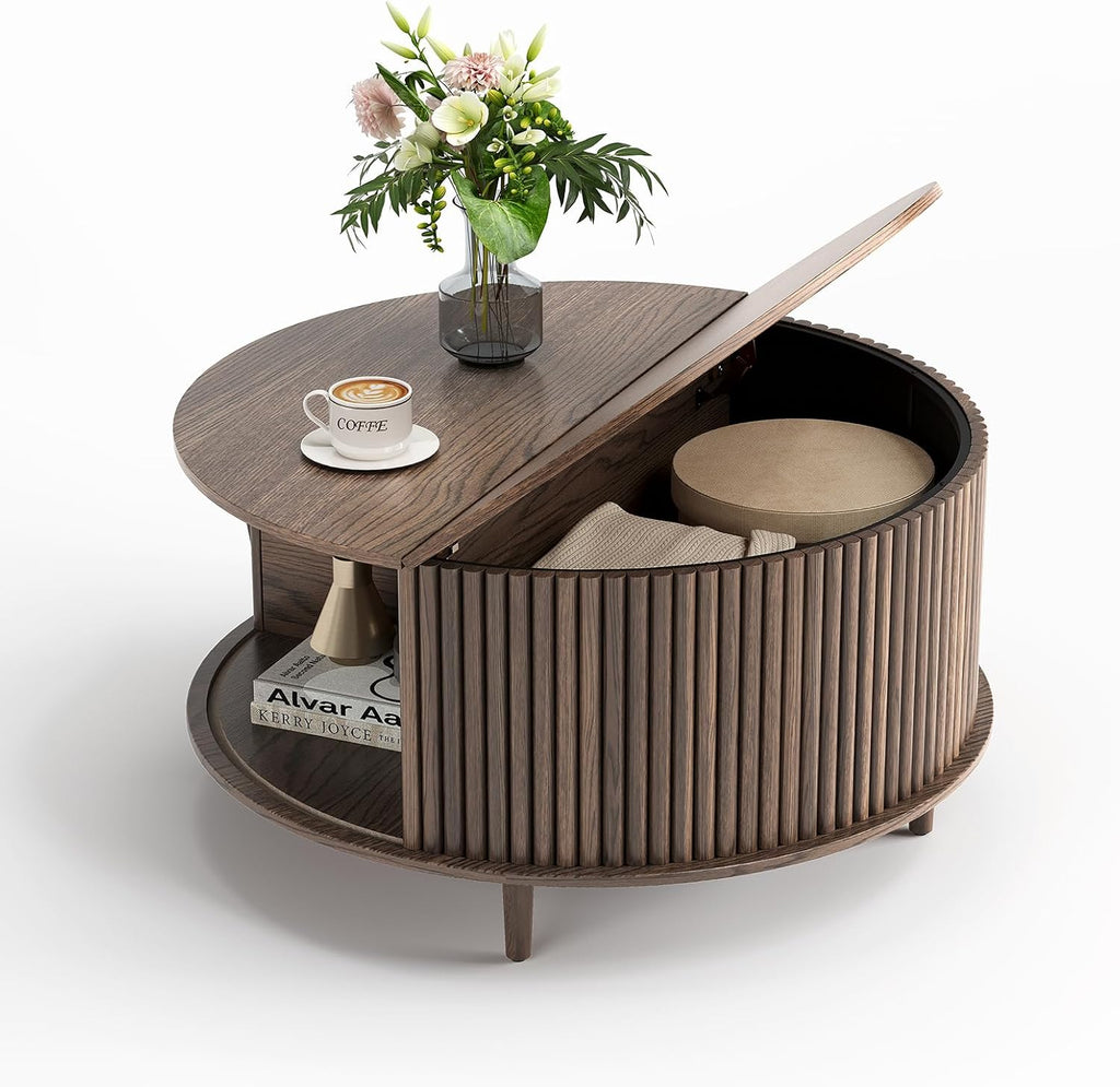 Round Coffee Table with Storage, 31.5' Mid Century Modern Coffee Table with Sliding Door & Solid Wood Legs, Minimalist Fluted Center Table for Living Room, Home Small Space, Walnut