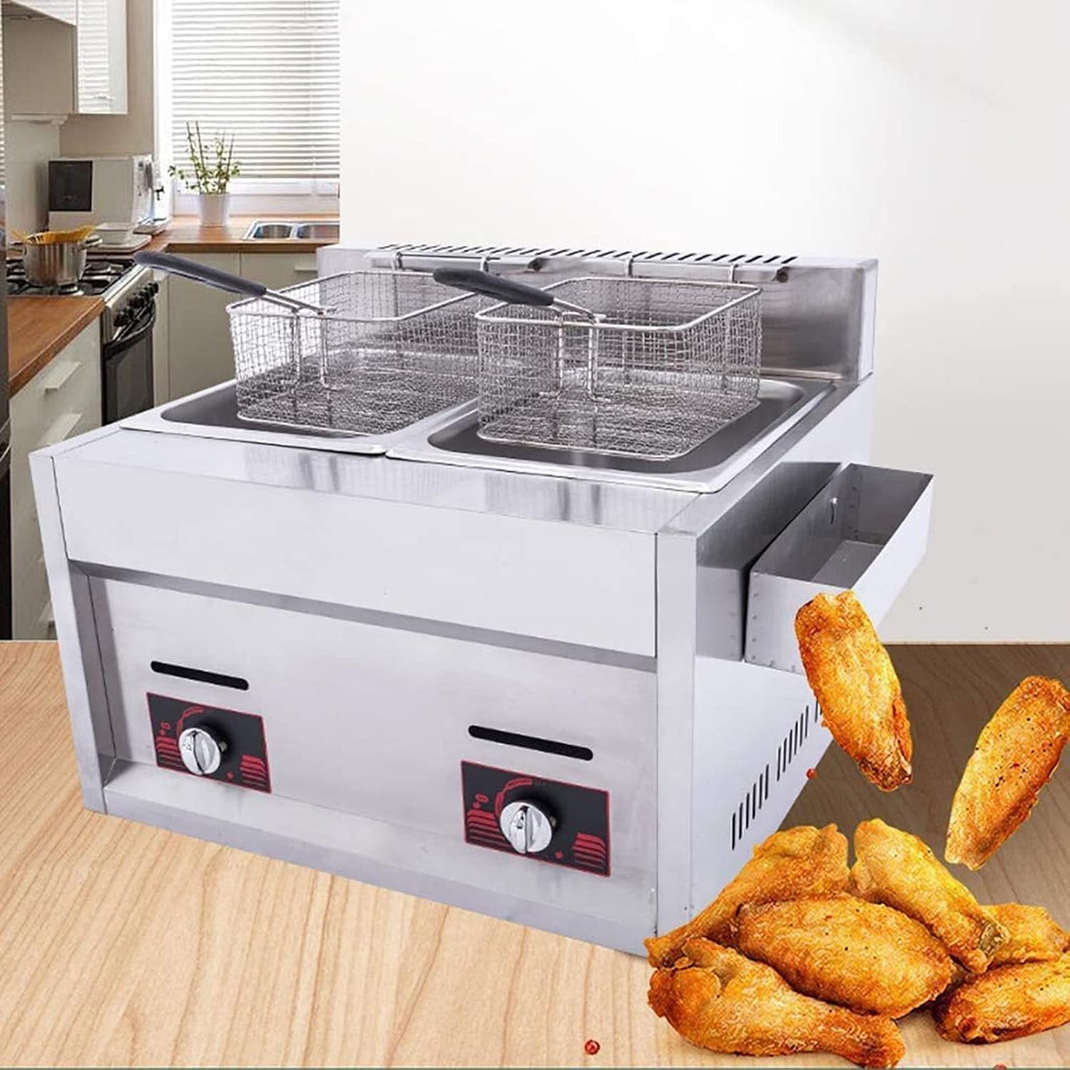 Gas Deep Fryer for s Donuts Fish - 20L Large Capacity Commercial Frying Machine with Baskets and Lids, Easy to Clean Kitchen Appliance