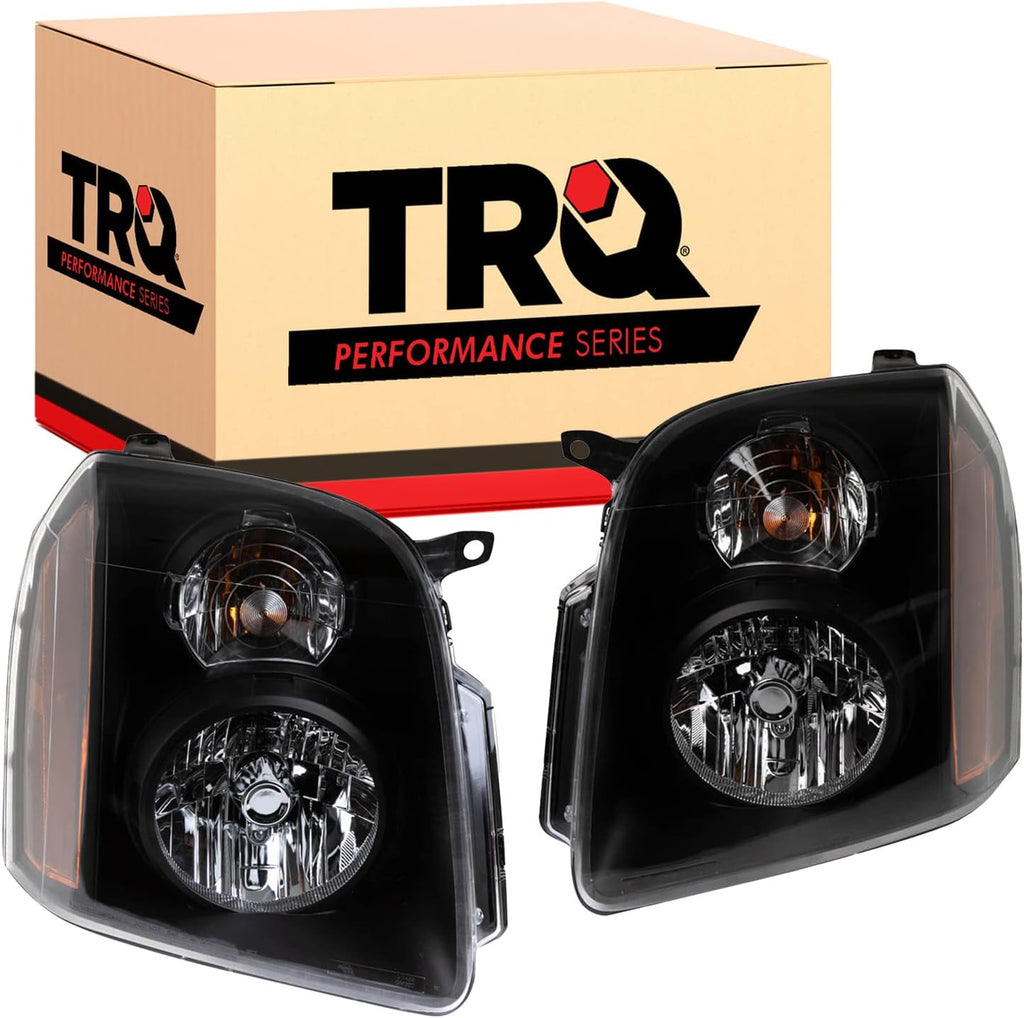 TRQ 2 Piece Headlight Assembly Set Performance Black Bezel Driver & Passenger Side Compatible with GMC Yukon Yukon XL 1500 2007-2014 Yukon XL 2500 2007-2013 GM2502265 GM2503265