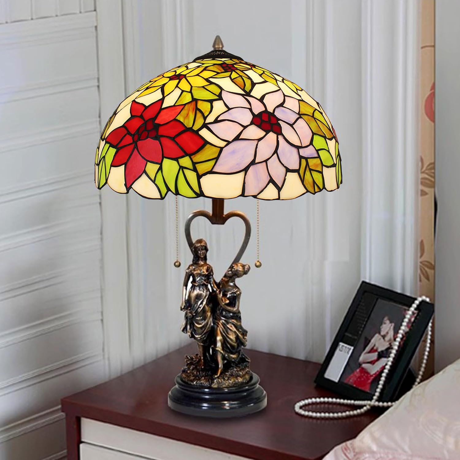 Tiffany Lamp Shade 16' Wide Accessories Replacement Only Red Blue Yellow Floral Stained Glass Lampshades Vintage Lily Rose Flower Light Cover for Table Lamp Pendant Light Floor Lamp Ceiling