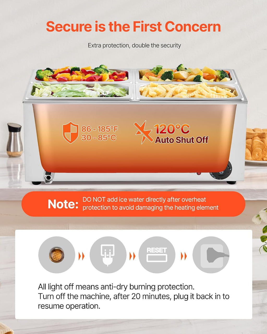 VEVOR 4-Pan Commercial Food Warmer, 24QT Electric Steam Table, 1200W Professional Countertop Stainless Steel Buffet Bain Marie with 86-185°F Temp Control for Catering and Restaurants, Silver
