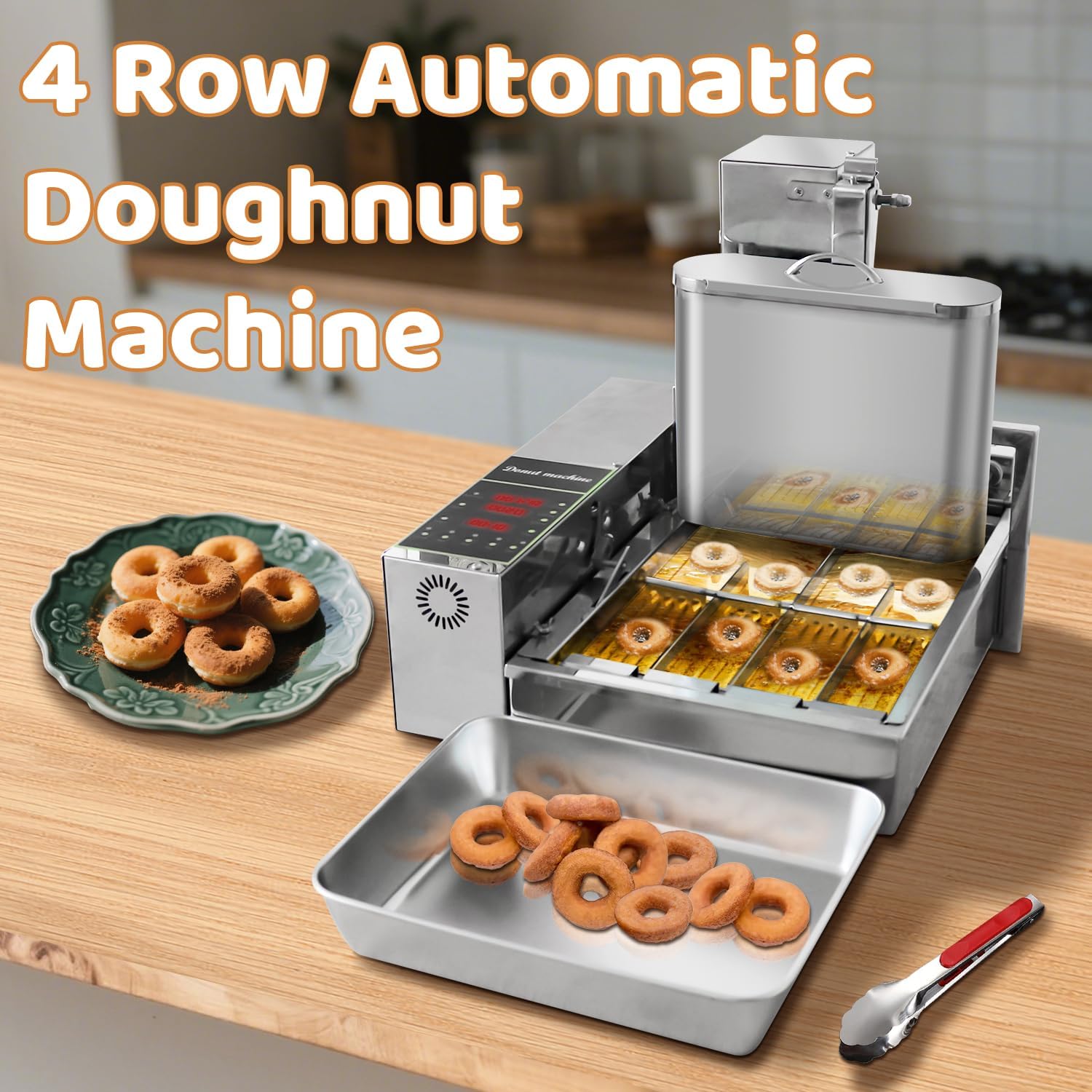 HNZXIB 1800+pcs/hour Mini 4-Row Donut Maker, Automatic Donut Machine, Commercial Doughnut Frying Maker, 5 Gears Adjustment, 110V 60Hz, 2000W, Stainless Steel, for Cafes, Bakeries, Restaurants