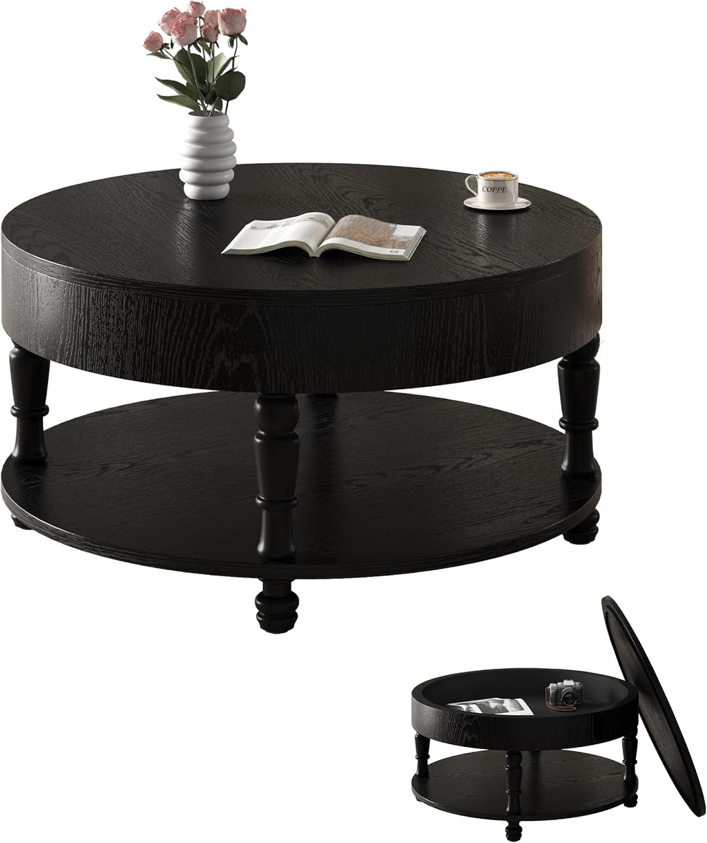 Hayzz Round Coffee Table with Storage 31.5 Inch, Modern Lift Top Accent Coffee Table with Hidden Compartment & Lower Shelf, Adjustable Leveling Feet, Easy Assembly for Living Room, Black