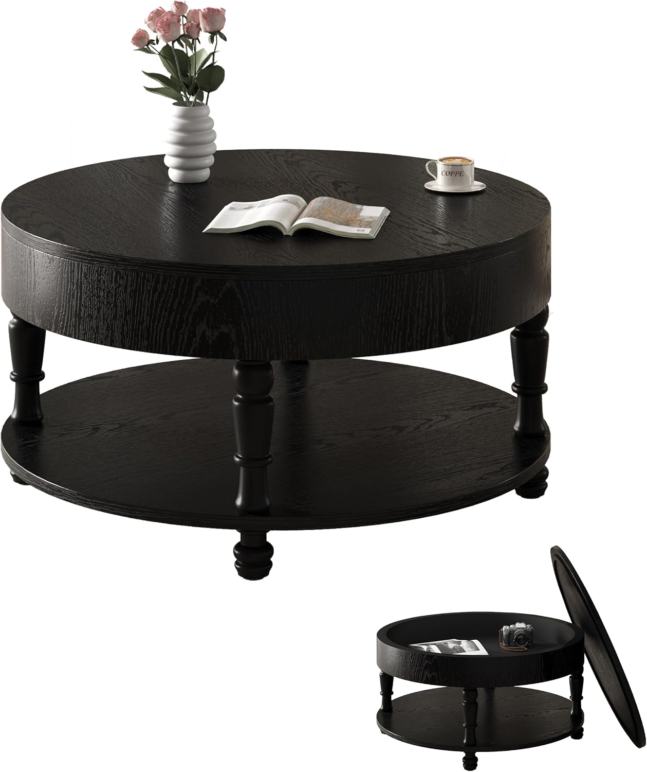Hayzz Round Coffee Table with Storage 31.5 Inch, Modern Lift Top Accent Coffee Table with Hidden Compartment & Lower Shelf, Adjustable Leveling Feet, Easy Assembly for Living Room, Black