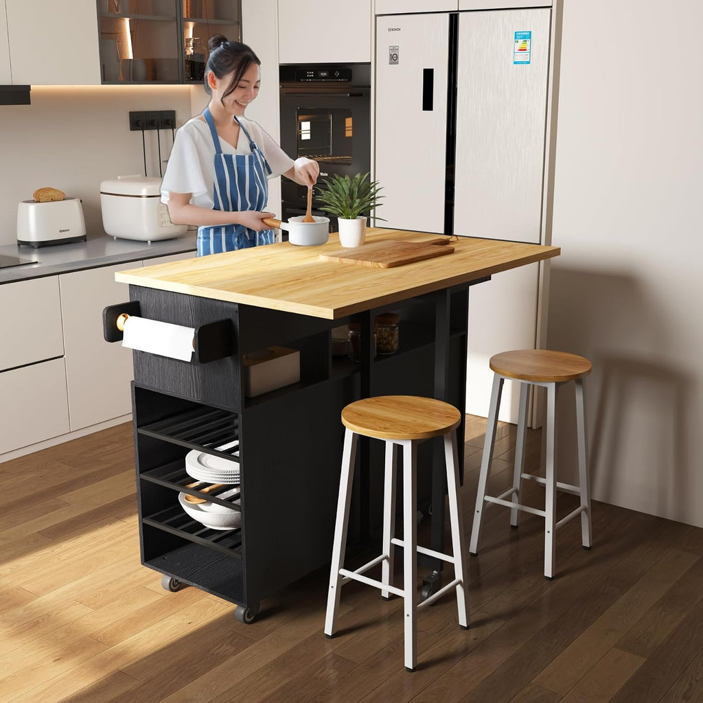 ASTRONAPE Rolling Mobile Kitchen Island with Storage and Drop Leaf, Island Table with Countertop Power Socket and Wheel (Black, Model 1.2)