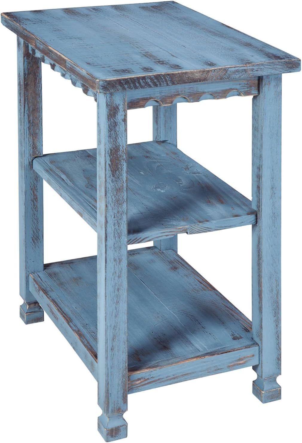 Alaterre Furniture Country Cottage Rustic Farmhouse Nightstand – 3-Tier Narrow End Table with Weathered Faded Finish, Carved Edges, & Turned Legs (Distressed Antique Blue)