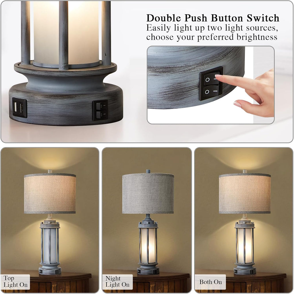 AIEAMPDO Set of 2 Rustic Table Lamps for Living Room, Farmhouse Vintage Nightstand Lamp with 2 USB Ports, Antique Retro Light Green Glass Night Light for Bedroom Entryway, 4 Bulbs Included