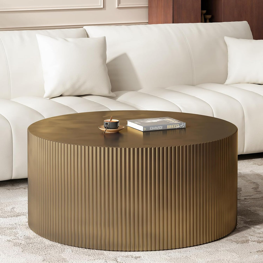 35.83' Gold Round Coffee Table, Minimalist Wave Stripe Modern Round Table, Drum Circle Coffee Tables for Living Room,Office Apartment,Gold