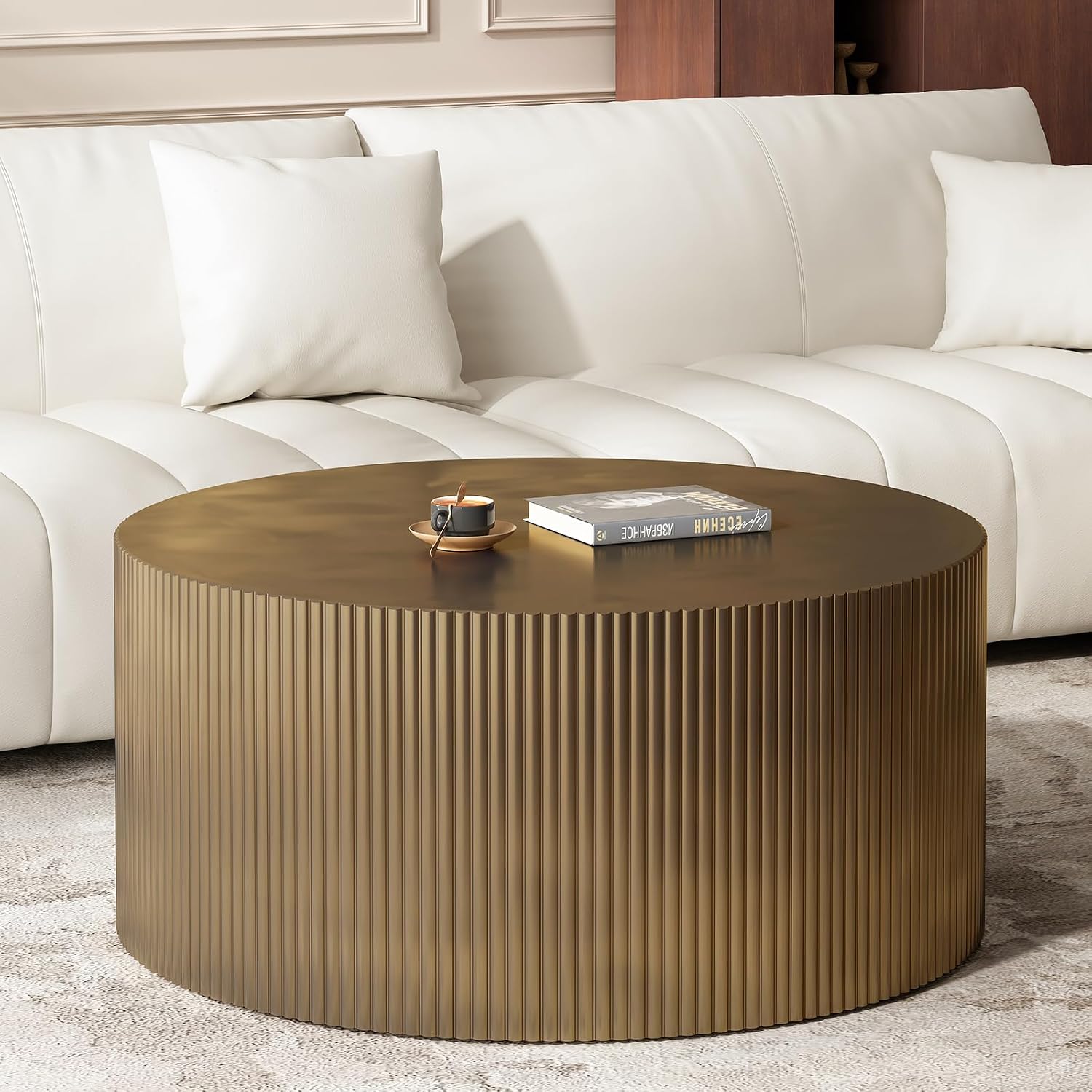 35.83' Gold Round Coffee Table, Minimalist Wave Stripe Modern Round Table, Drum Circle Coffee Tables for Living Room,Office Apartment,Gold