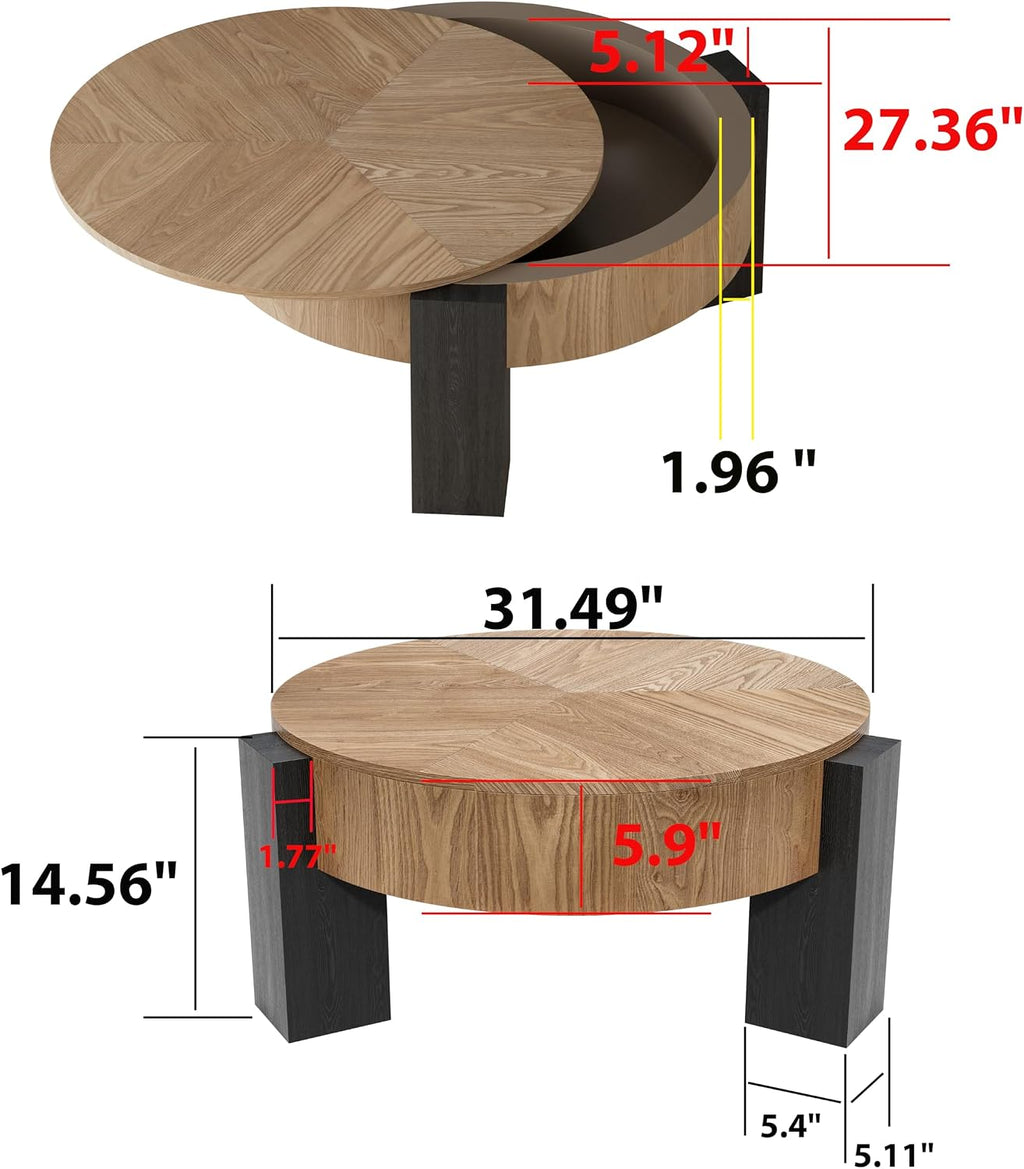 33'' Round Coffee Table with Hidden Storage, Modern Wood Veneer Top, 3 Block Legs Sturdy Center Accent Table for Living Room, Small Space, Natural Wood & Black