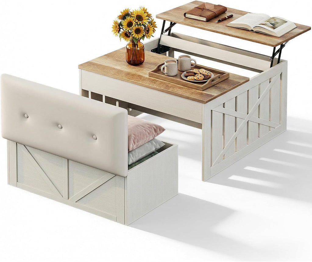 HUAHUU Coffee Table, 31.5 Lift Top Coffee Tables with Storage Hidden Compartment, Farmhouse Coffee Tables with Ottoman Bench, Center Table with Wooden Lift Tabletop for Living Room, White