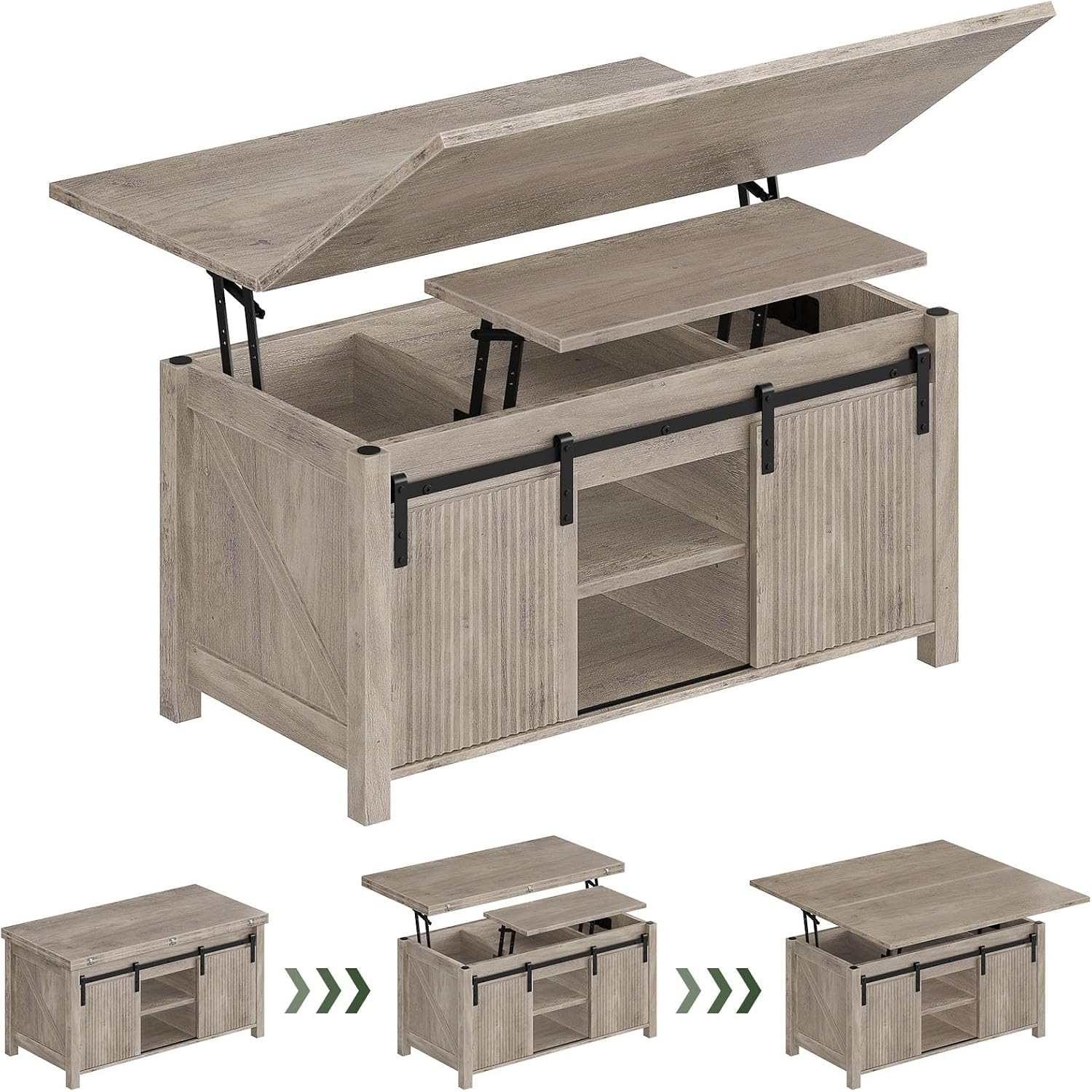 CHOEZON Lift Top Coffee Table, 4 in 1 Convertible Coffee Table, Farmhouse Coffee Tables, with Hidden Compartments, with Sliding Doors, for Living Room, Apartment, Greige MKF01FH