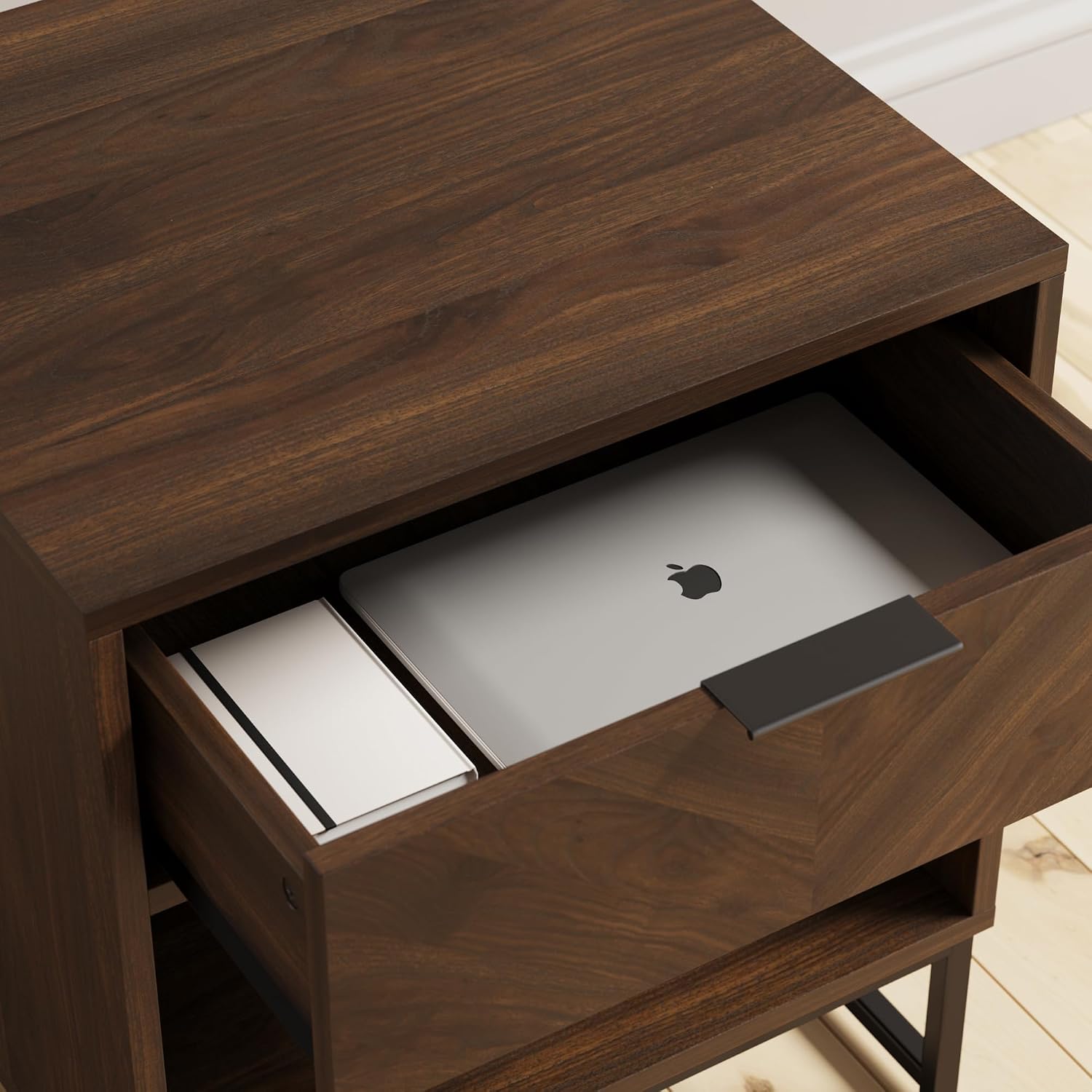 Nathan James Kensi Nightstand Side Accent or End Table with Storage, Walnut/Black - Set of 2