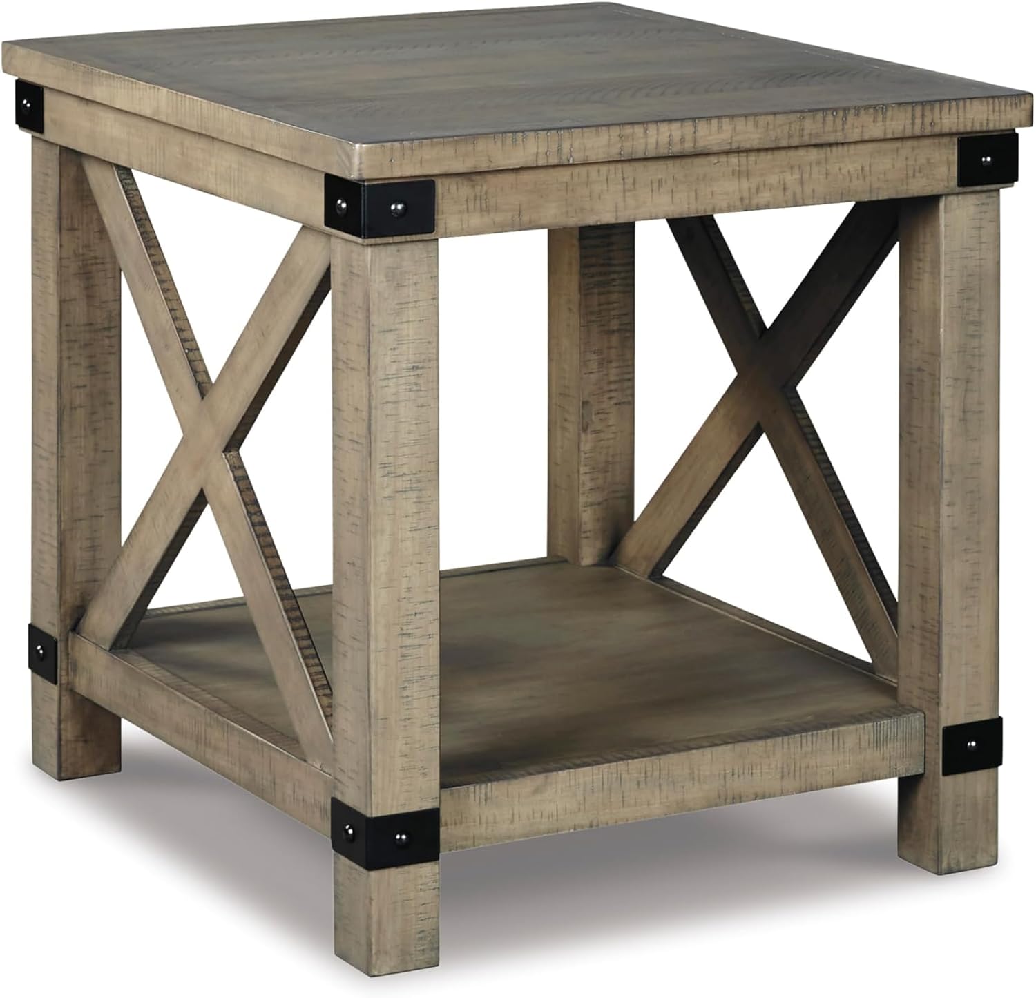 Signature Design by Ashley Aldwin Casual Farmhouse Rectangular End Table with Crossbuck Details, Metal Bracket Accents, Wood, 25' High, Weathered Gray