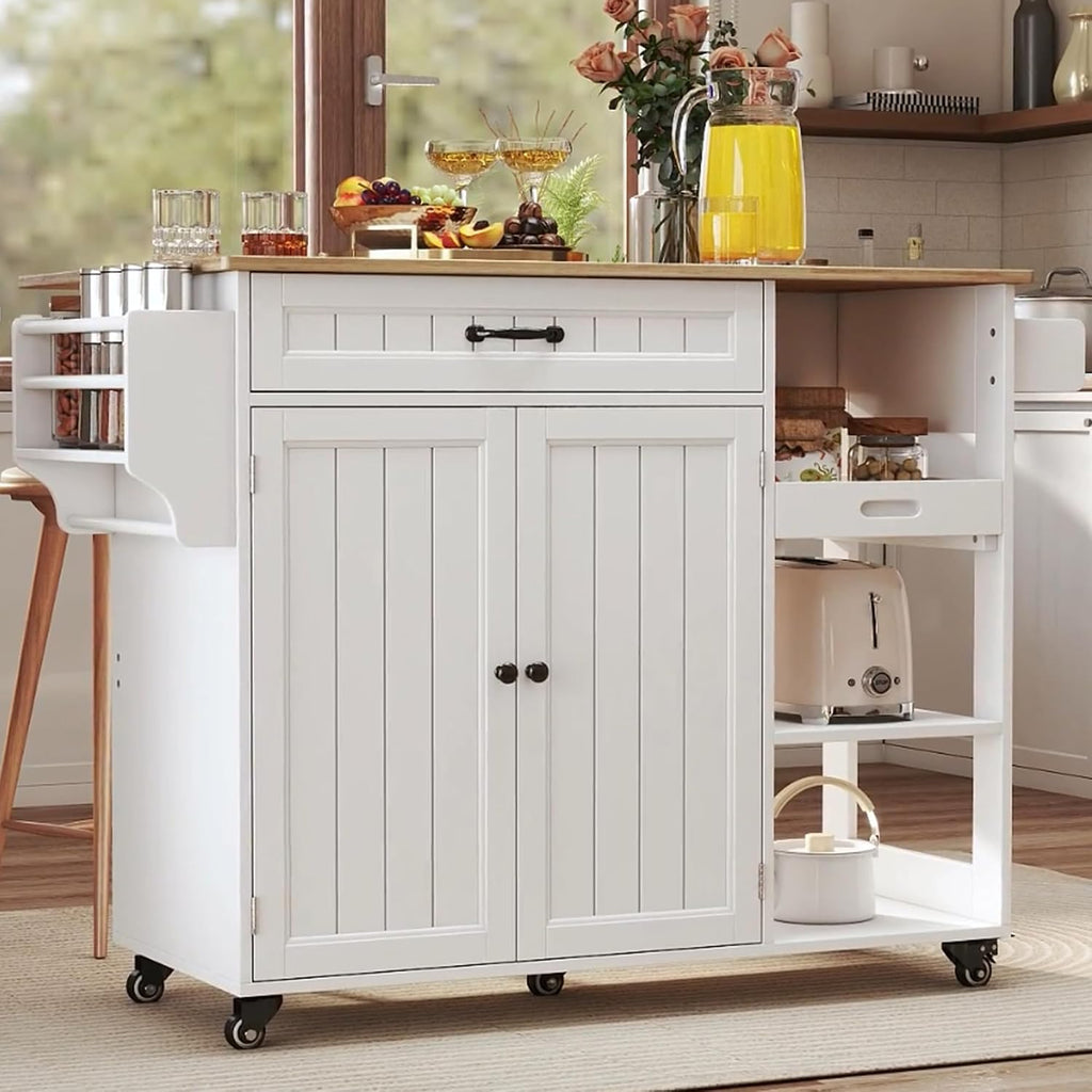 Gizoon Update Kitchen Island, 41.7' W Kitchen Island with Storage, Rolling Island Table on 5 Wheels, with Drop Leaf, Refrigerator Door, Adjustable Shelf, Spice/Towel Rack, Removable Tray, White