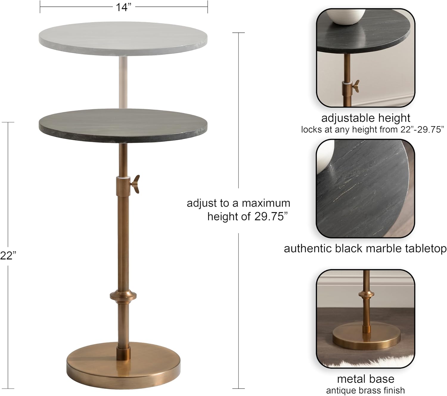 Kate and Laurel Engles Traditional Adjustable-Height Pedestal Side Table, 14 x 14 x 30, Black Marble and Antique Brass, Vintage Round End Table for Use as Indoor Plant Stand with Authentic Marble Top