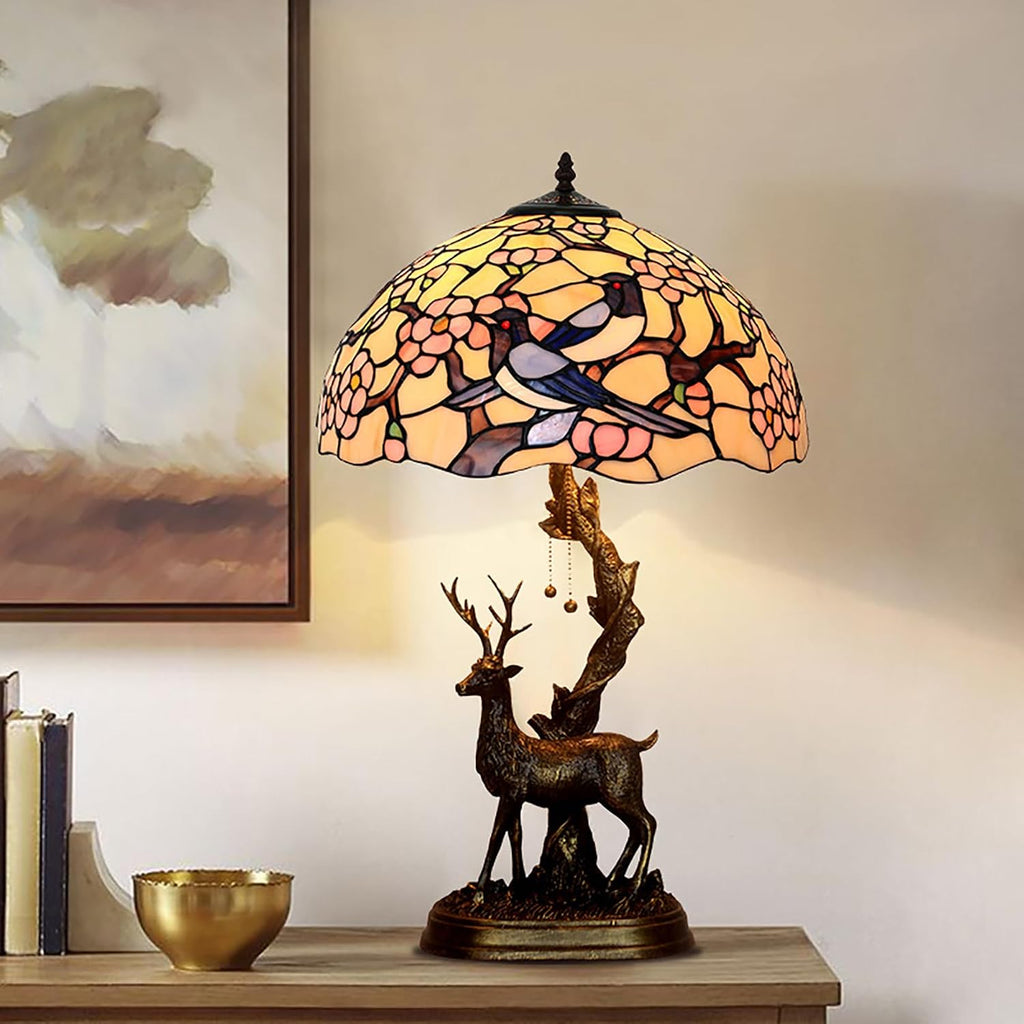 16 Inch Pink Blue Stained Glass Lamp Shade Replacement Only, Style Pastoral Bird Flower Lampshade for Table Lamp, Desk Lamp, Floor Lamp,Ceiling Light,